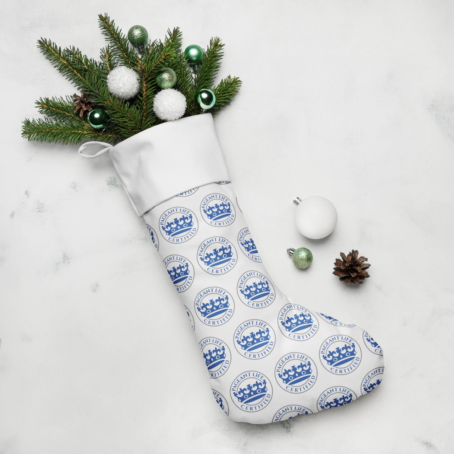 Blue and White Pageant Life Certified Christmas stocking