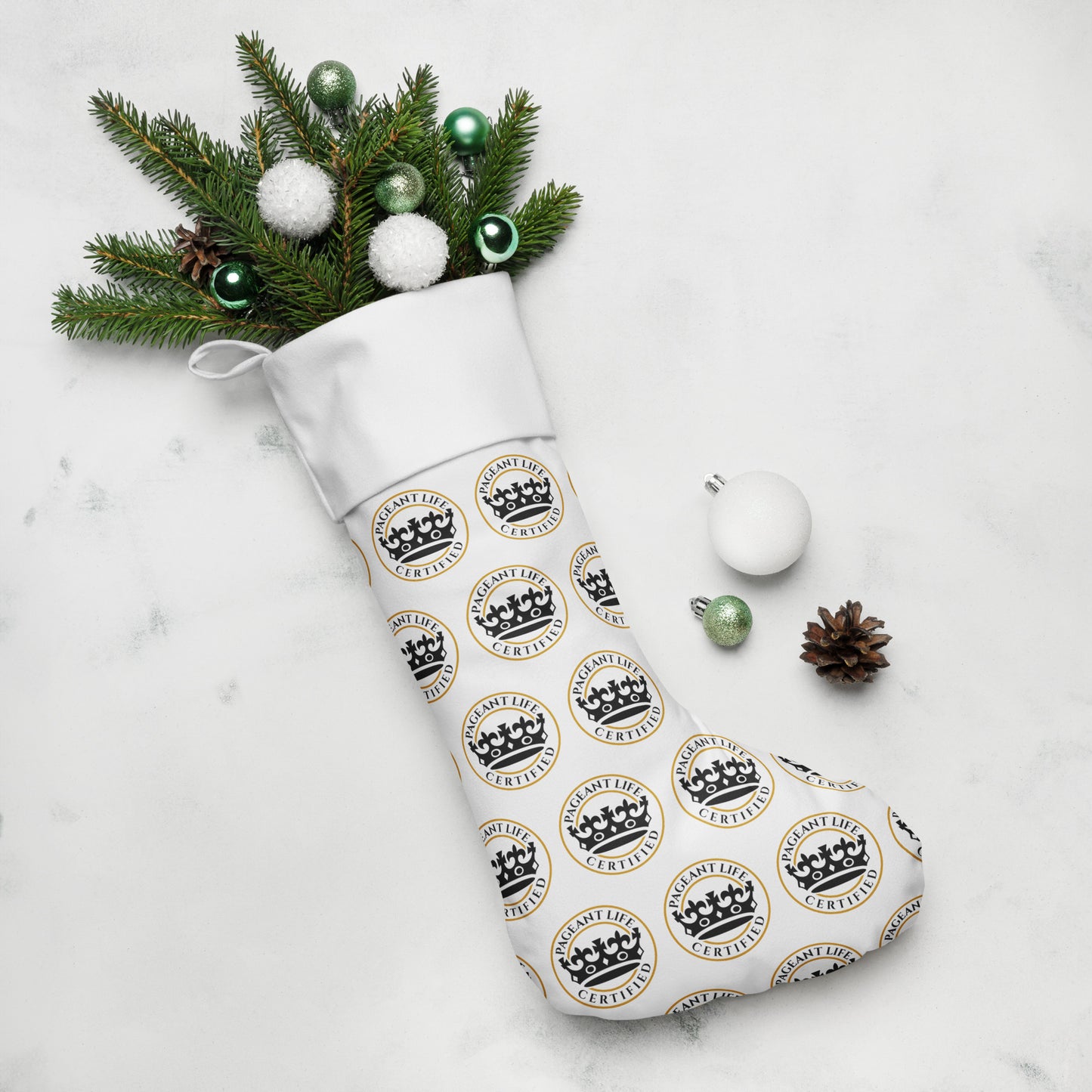 Black Gold and White Pageant Life Certified Christmas stocking