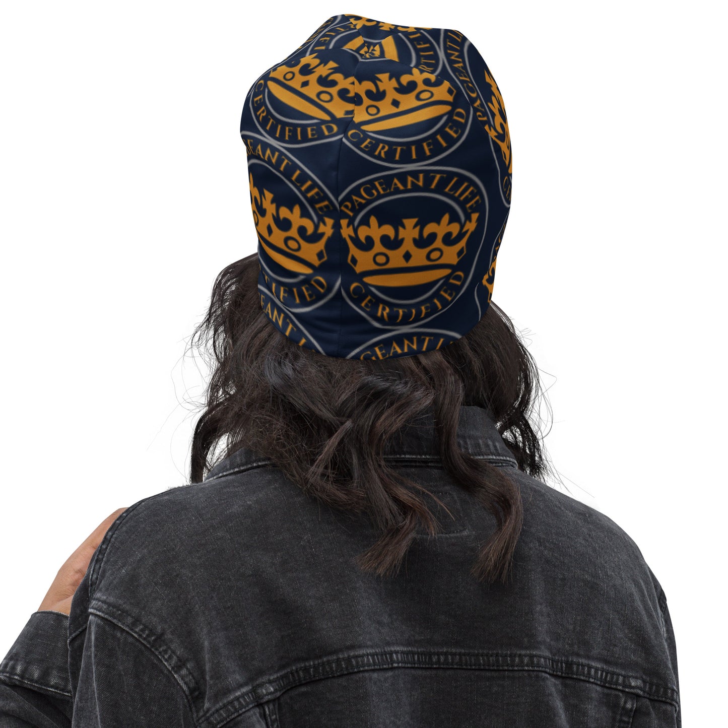 Navy and Gold Pageant Life Certified All-Over Print Beanie