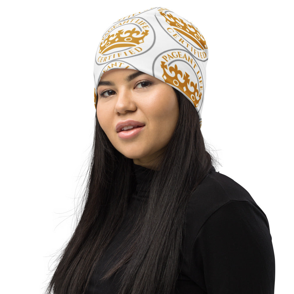 White and Gold Pageant Life Certified All-Over Print Beanie