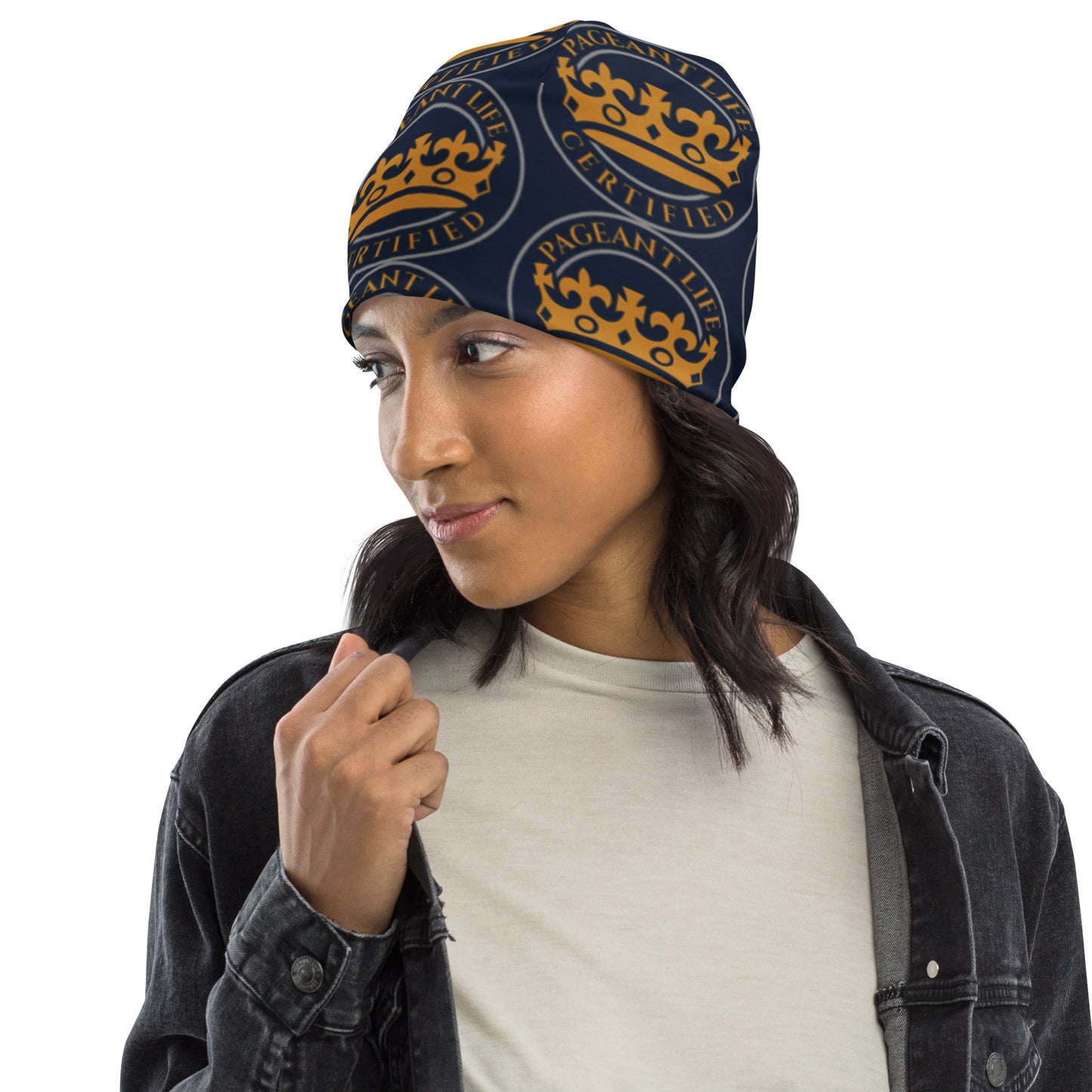 Navy and Gold Pageant Life Certified All-Over Print Beanie