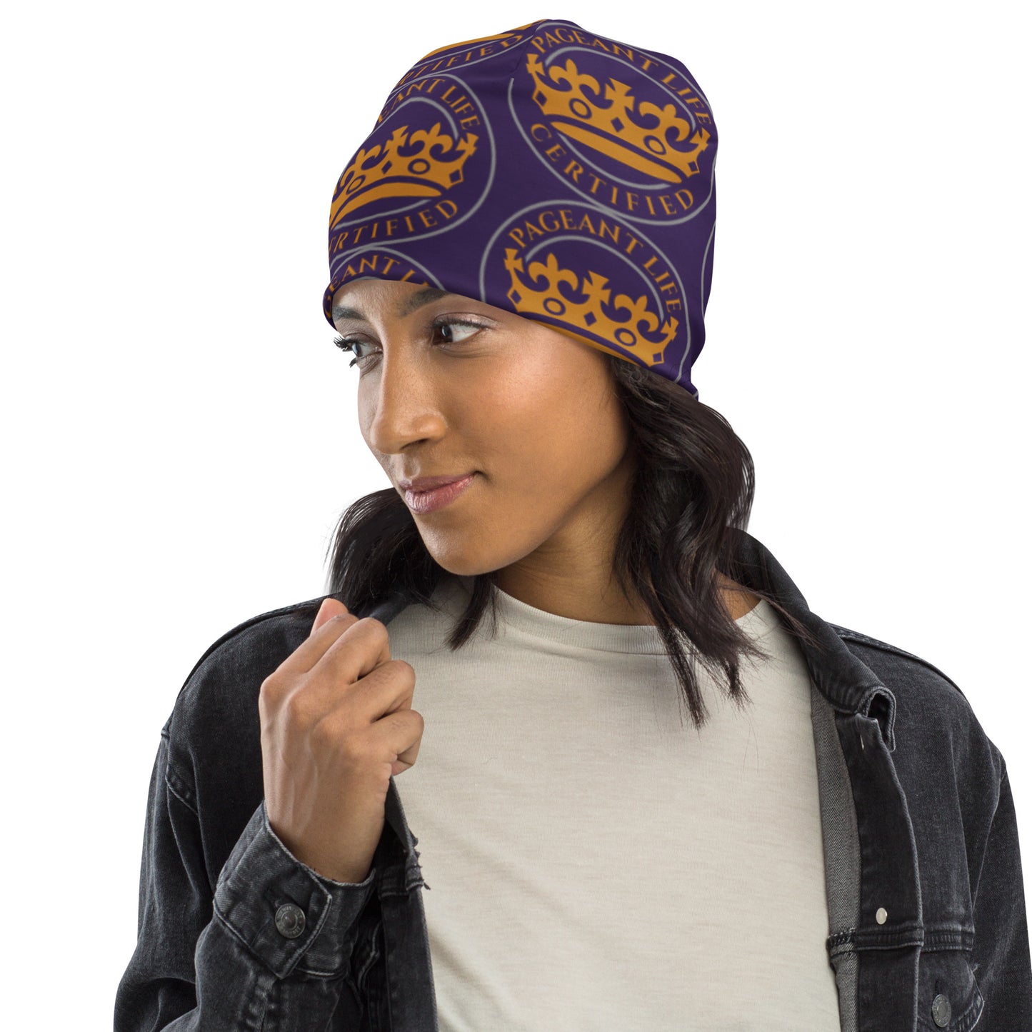 Purple and Gold Pageant Life Certified All-Over Print Beanie
