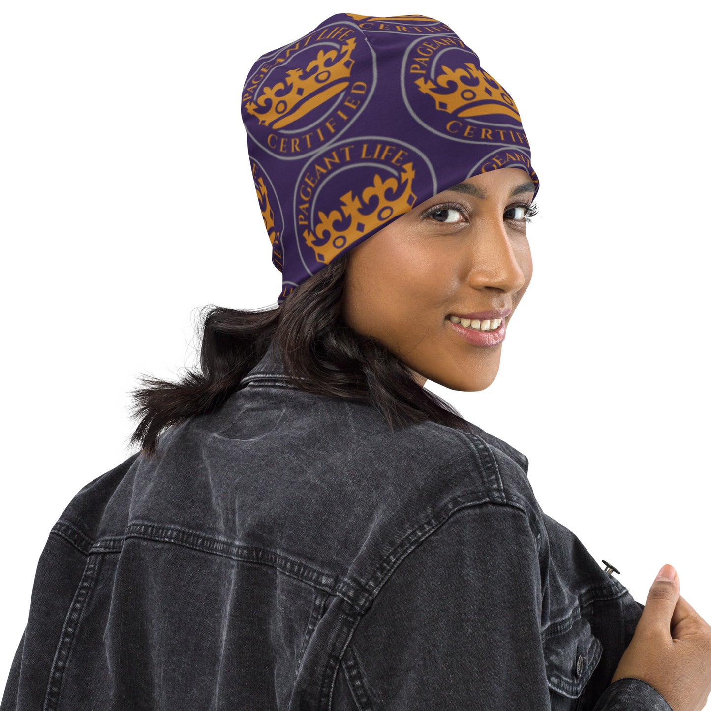 Purple and Gold Pageant Life Certified All-Over Print Beanie