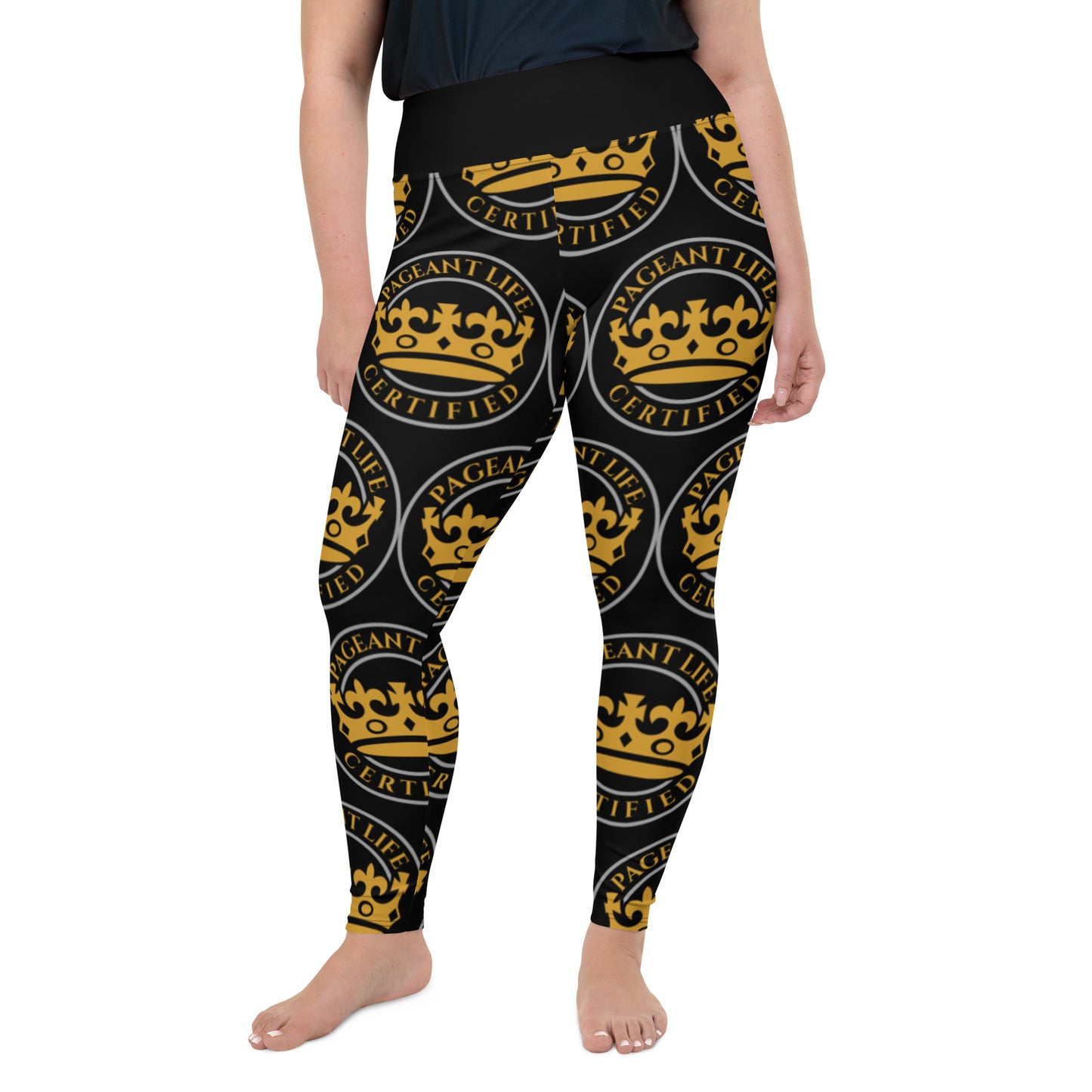 Black and Gold Pageant Life Certified All-Over Print Plus Size Leggings