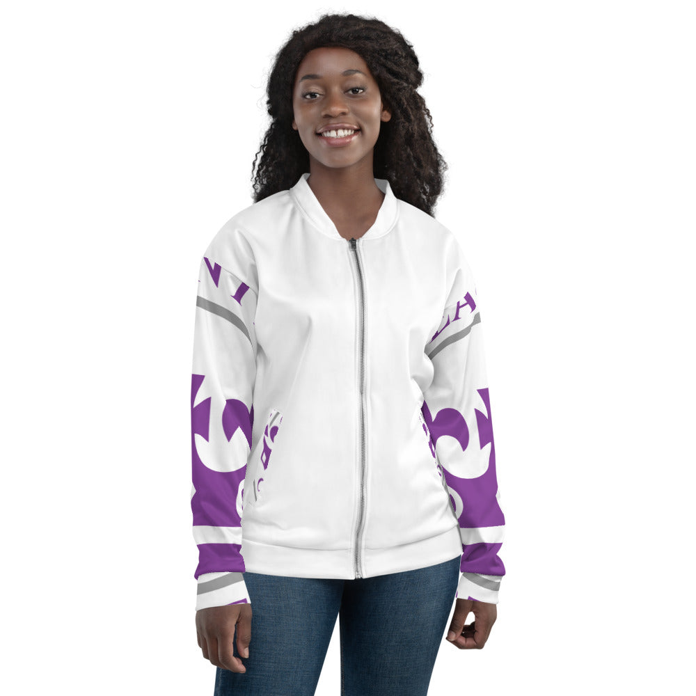 Purple and White Pageant Life Certified Unisex Bomber Jacket