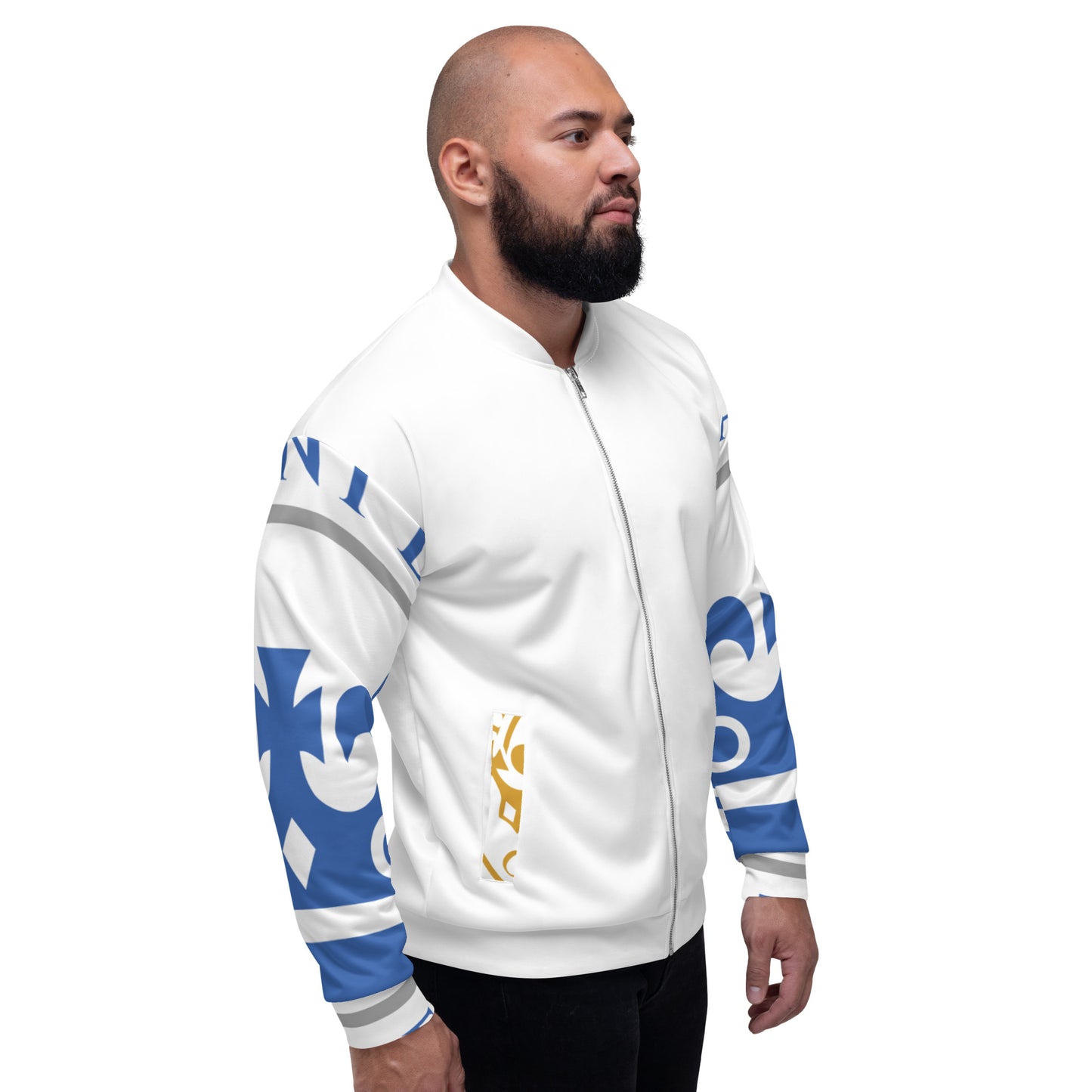 Blue Gold and White Pageant Life Certified Unisex Bomber Jacket