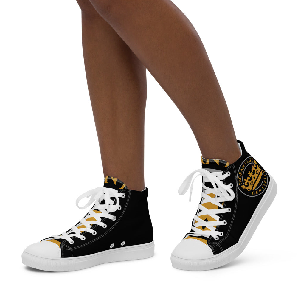 Black and Gold Pageant Life Certified Women’s high top canvas shoes