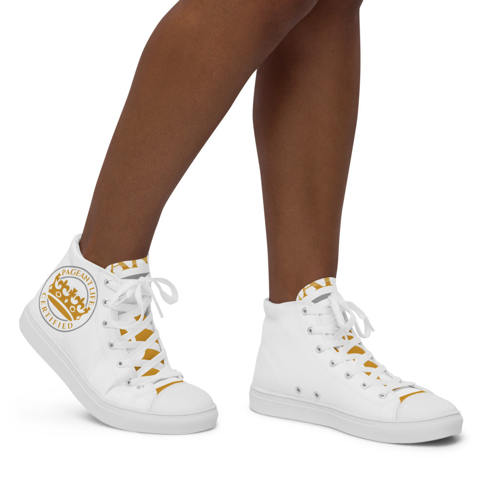 White and Gold Pageant Life Certified Women’s high top canvas shoes