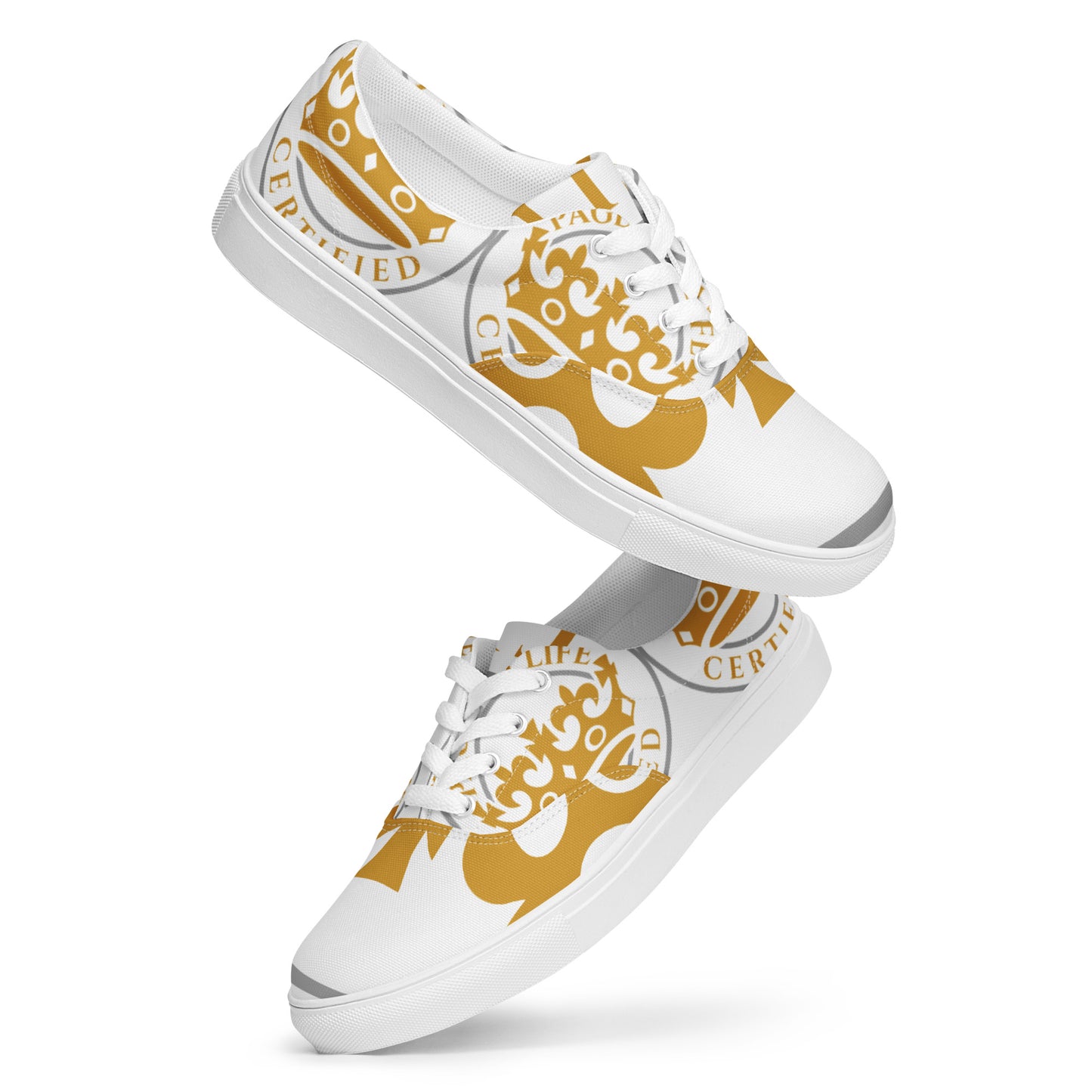 White and Gold Pageant Life Certified Women’s lace up canvas shoes