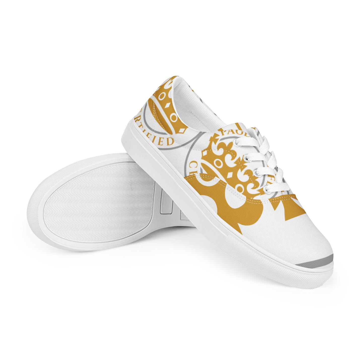 White and Gold Pageant Life Certified Women’s lace up canvas shoes